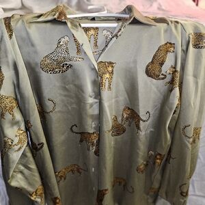 Zara Leopard Print Satin Button Front Blouse XL